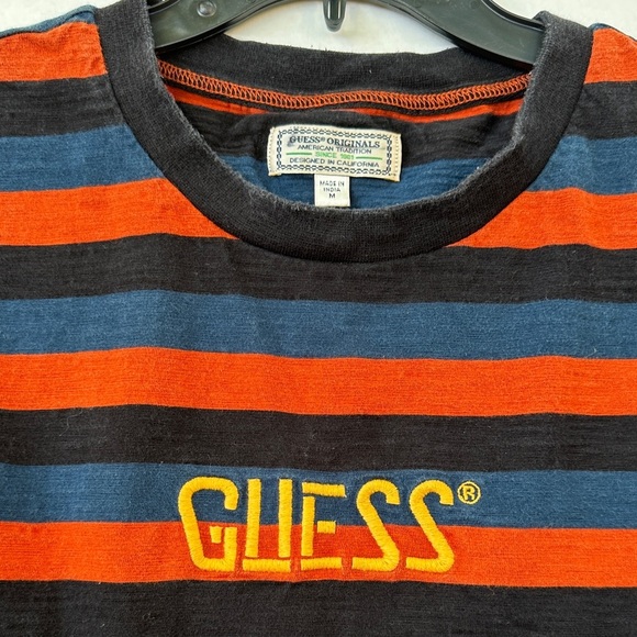 Guess Bold Striped Tee in Orange and Navy SZ M - Picture 2 of 4